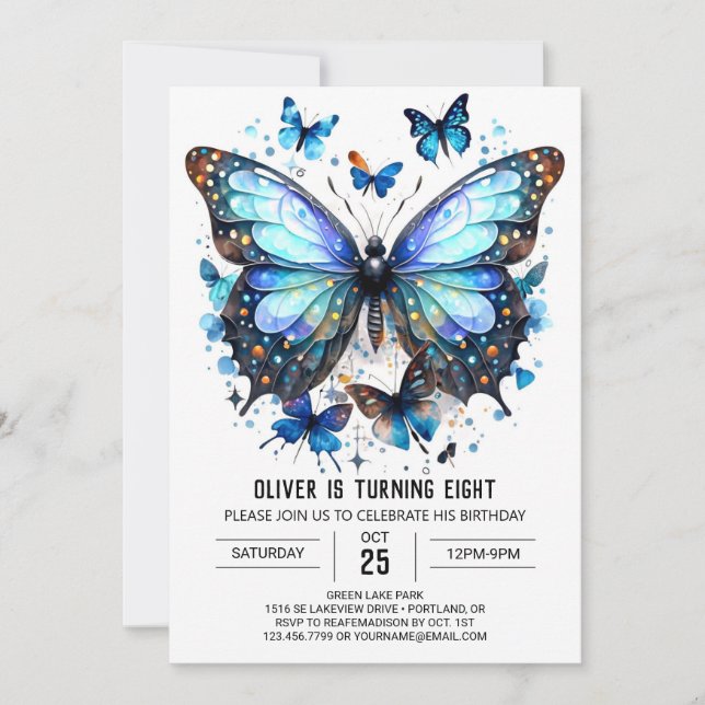  Fun Watercolor Butterfly Boy Birthday Invitation (Front)