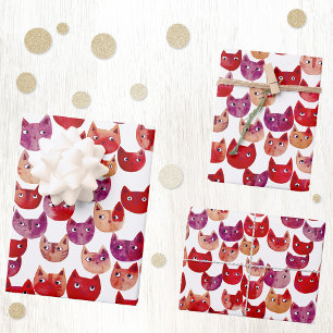 Fun Watercolor Cat Red Pink Wrapping Paper Sheets