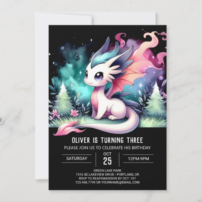 Fun Watercolor Dragon Birthday Invitation (Front)