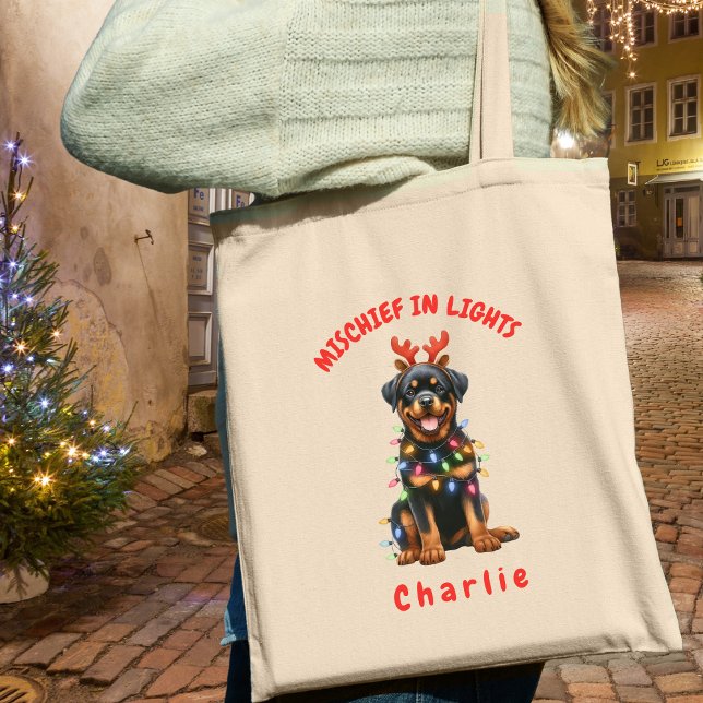 Fun Watercolor Rottweiler Christmas Lights Dog Tote Bag (Carry festive cheer with this custom fun Rottweiler dog tote bag. A perfect gift for dog lovers.)