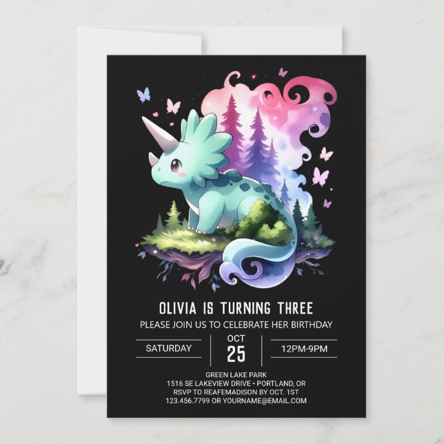 Fun Watercolor Triceratops Birthday Invitation (Front)