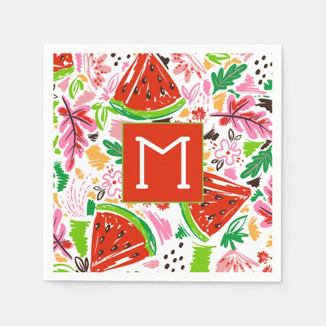 Fun Watermelon and Floral Pattern Monogram  Napkin (Front)