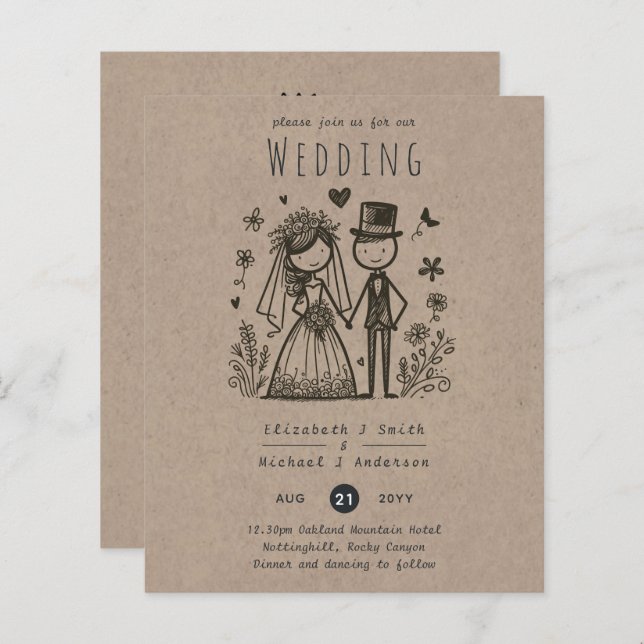 Fun Wedding Cartoon Bride Groom Handdrawn (Front/Back)