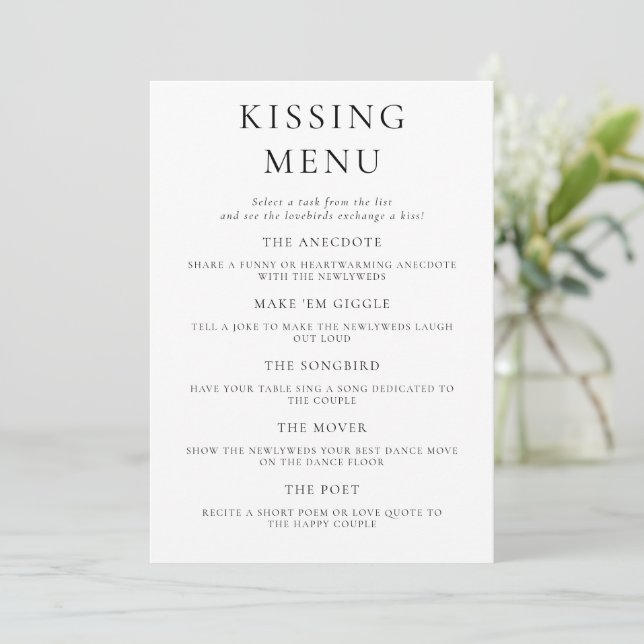 Fun Wedding Kissing Menu Activity Game Card (Standing Front)