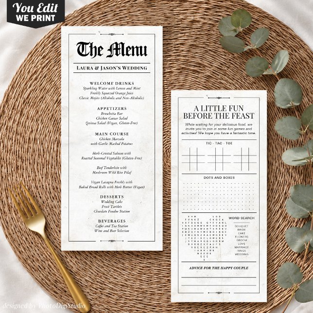 Fun Wedding Menu with Wedding Games Newspaper (Custom Wedding Menu with Wedding Games Newspaper, Black and White Menu for Wedding)