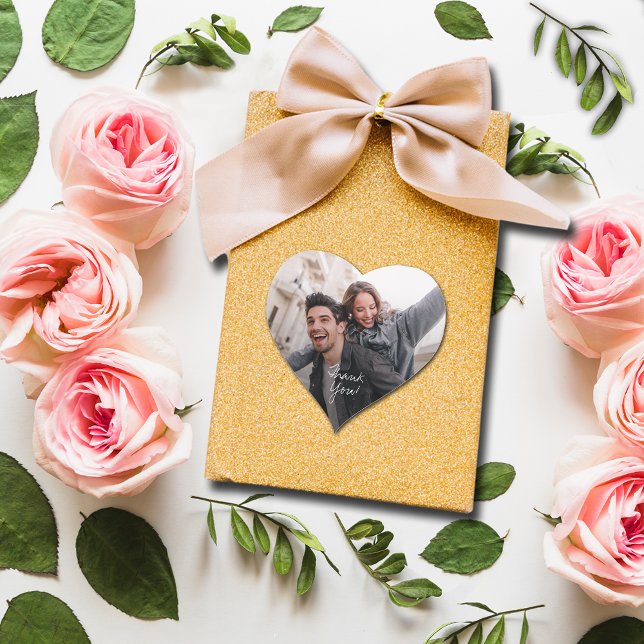 Fun Wedding Photo Thank You Heart Sticker (Small 1-1/2" heart-shaped photo sticker.)