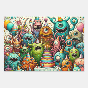 Fun Weird Creatures at a Birthday Party Wrapping Paper Sheet
