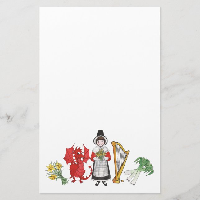 Fun Welsh Costume and Emblems on Blue Notepaper Stationery (Front)