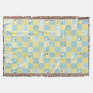 Fun Welsh Sheep Faux Patchwork Blue Yellow Gingham Throw Blanket