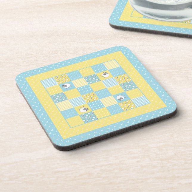 Fun Welsh Sheep, Faux Patchwork, Square Coasters (Left Side)
