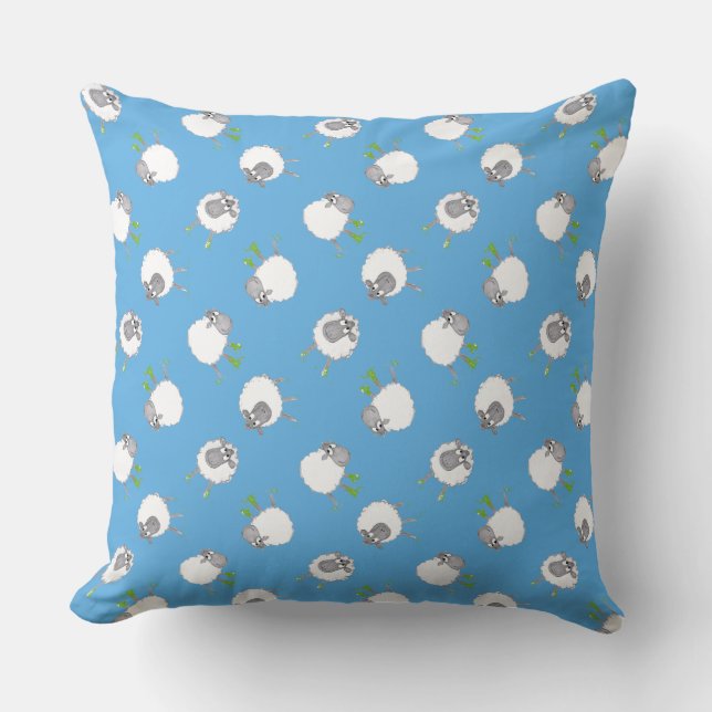 Fun Welsh Sheep Pattern on Sky Blue Background Cushion (Front)