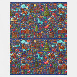Fun Western Pattern Christmas Blue Fleece Blanket