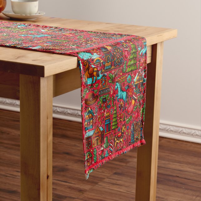 Fun Western Pattern Christmas Blue Short Table Runner (In Situ)