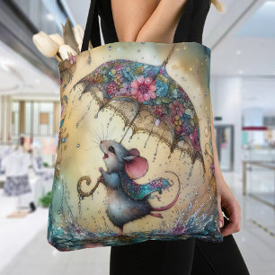 Fun Whimsical April Showers Cute Mouse Tote Bag