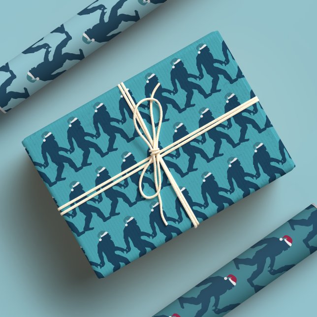 Fun & Whimsical Bigfoot Santa Hat Blue Christmas Wrapping Paper Sheet (Creator Uploaded)