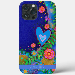 Fun Whimsical Blue Heart Floral Inspirivity Art iPhone 13 Pro Max Case
