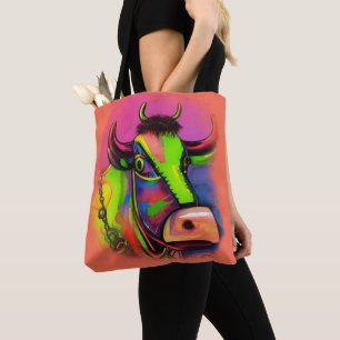 Fun Whimsical Colorful Art Cow Tote Bag