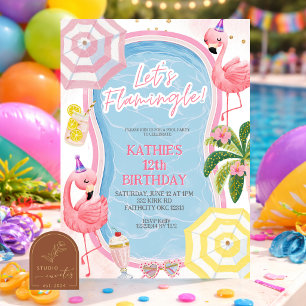 Fun Whimsical Flamingo Pool Birthday Party Invitation