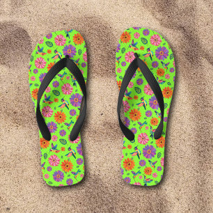 Fun Whimsical Hummingbirds Spring Flowers Pattern Jandals