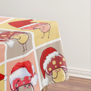 Fun Whimsical Mushrooms in Santa Hats Christmas Tablecloth