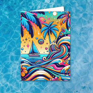 Fun Whimsical Psychedelic Sailboat Birthday Card