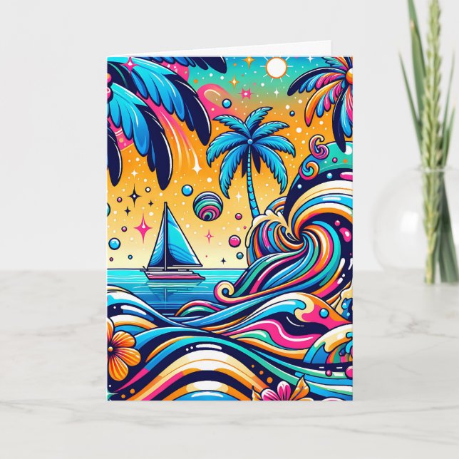 Fun Whimsical Psychedelic Sailboat  Card (Front)