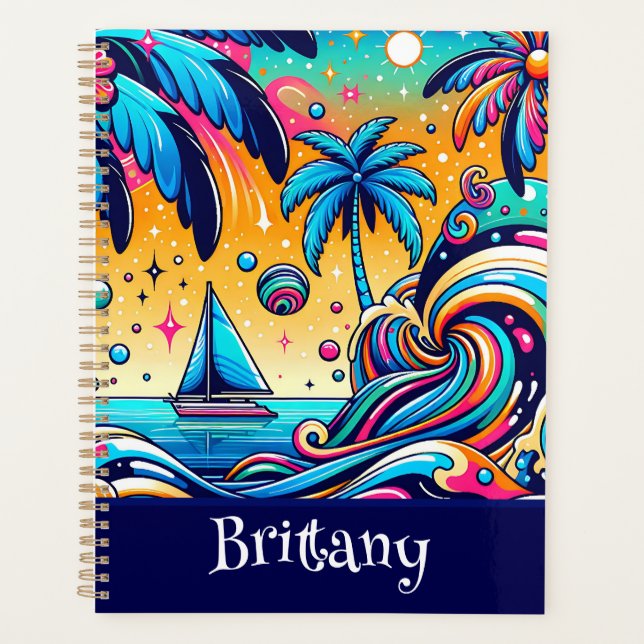 Fun Whimsical Psychedelic Sailboat Personalised Planner (Front)