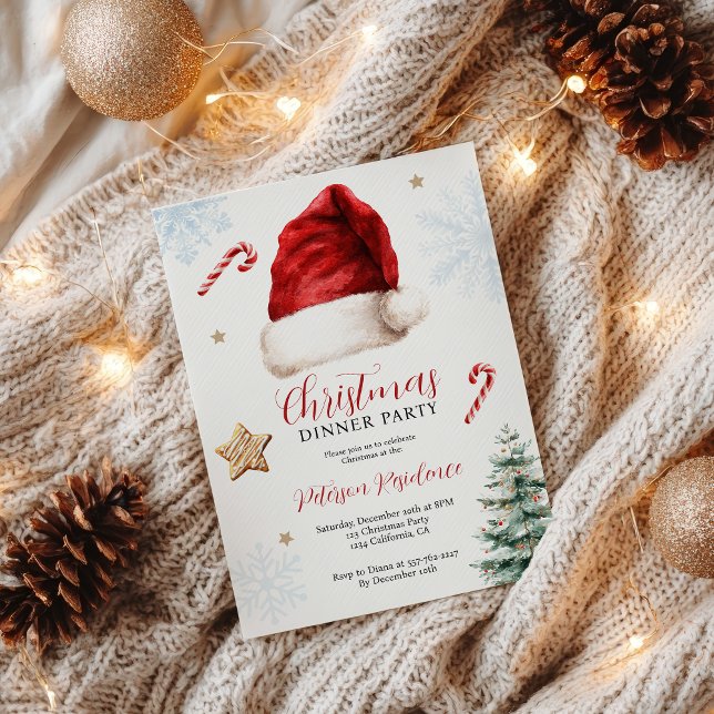 Fun Whimsical Santa Hat Christmas Dinner Party Invitation (Fun Whimsical Santa Hat Christmas Dinner Party Invitation)