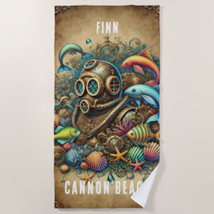 FUN WHIMSICAL STEAMPUNK DEEP SEA DIVER with FISH Beach Towel