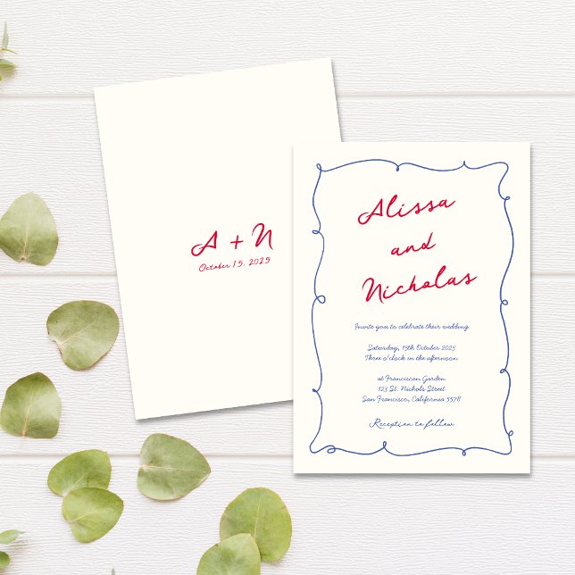 Fun Whimsical Wavy Border Monogram Wedding Invitation (Creator Uploaded)