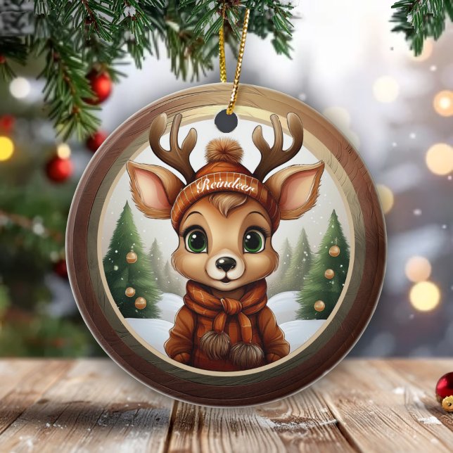 Fun Whimsical Winter Wildlife Christmas Decor  Cer Ceramic Tree Decoration (Fun Whimsical Reindeer with Customizable Name, Winter Wildlife Christmas Deer Ceramic Ornament  🎄🦌)