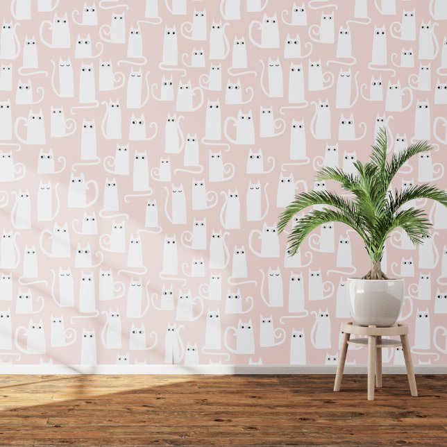 Fun White and Blush Pink Cat Pattern Wallpaper (White kitty cats on blush pink art wallpaper)