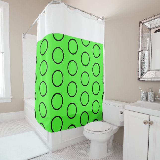 Fun White Black Bright Lime Green Geometric Art Shower Curtain (In Situ)