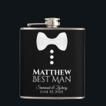 Fun White Bow Tie Tuxedo Best Man Wedding Hip Flask<br><div class="desc">These fun liquor flasks are designed specially for the best man. They feature a fun design of a white tie with three buttons on a black background, conjuring the idea of a tuxedo. The text reads "Best Man" and has a space for his name as well as the wedding couple...</div>