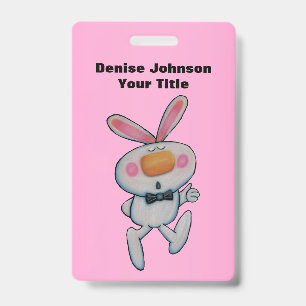 Fun White Bunny Thumbs Up sign Bow Tie Pink ID Badge