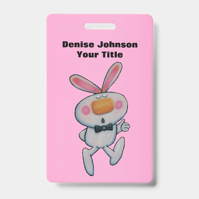Fun White Bunny Thumbs Up sign Bow Tie Pink ID Badge (Front)