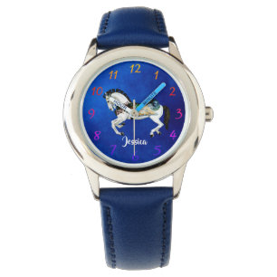 Fun White Carousel Horse On Blue Watch