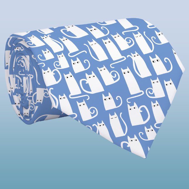 Fun White Cat Blue Tie (Fun kitty cat neck tie for pet and animal lovers)