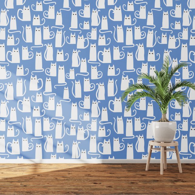 Fun White Cat Pattern on Blue Wallpaper (White cats on blue art wallpaper)