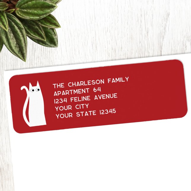 Fun White Cat Red Return Address (White cat on red personalized return address label perfect for Christmas and the Winter Holidays)