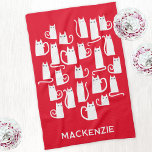 Fun White Cats Personalised Name Tea Towel<br><div class="desc">Fun little white cats on a festive red background. Original art by Nic Squirrell. Change the name or text to customise.</div>
