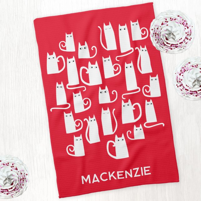 Fun White Cats Personalised Name Tea Towel (Red and white kitty cat festive personalized name kitchen tea towel)