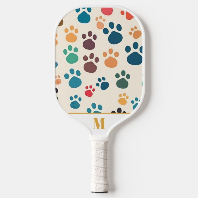 Fun White Colourful Monogram Dog Paw Pattern Pickleball Paddle (Front)