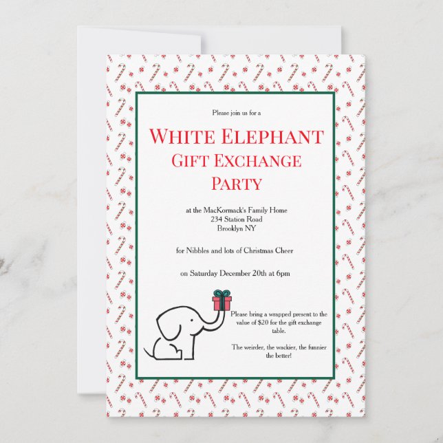 Fun White Elephant Gift Exchange Cute Party Invitation (Front)