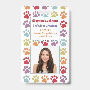 Fun White Rainbow Coloured Paw Prints Dog Walker I ID Badge