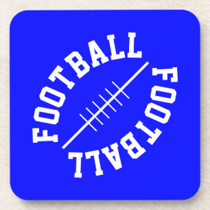Fun White Slant FOOTBALL Shape Text On Royal Blue Coaster