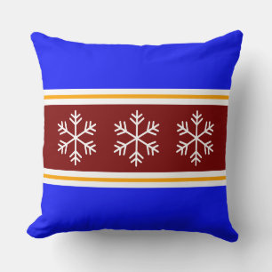 Fun White Snowflakes Bold Red Bright Blue Stripes Cushion