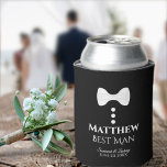 Fun White Tie Best Man Wedding Foam Can Cooler<br><div class="desc">These fun foam can coolers are designed as gifts or favours for the best man. They feature a fun design of a white tie with three buttons on a black background, conjuring the idea of a tuxedo. The text reads "Best Man" and has a space for his name as well...</div>
