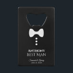 Fun White Tie Tuxedo Best Man Wedding<br><div class="desc">This fun bottle opener is designed as a gift for the Best Man. Features a fun design with a white tie and three buttons on a black background resembling a tuxedo. The text reads "Groomsman" with a place for his name, the wedding couple's names and wedding date. Great thank you...</div>