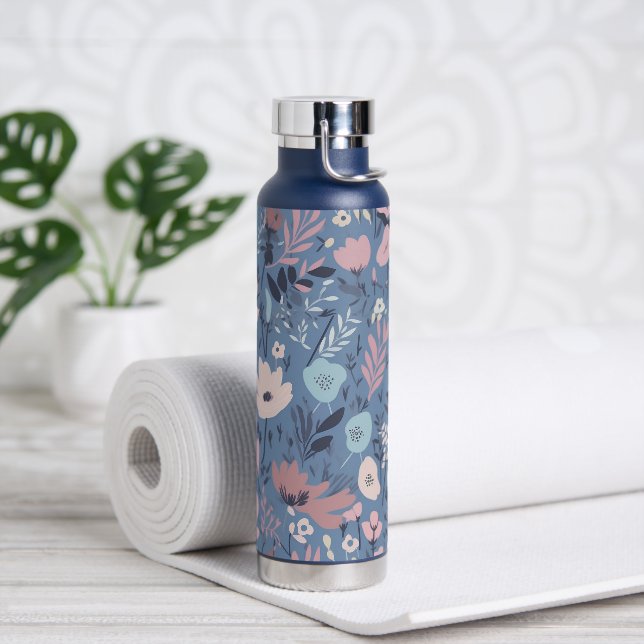 Fun Wildflower Design On Blue Water Bottle (Yoga)